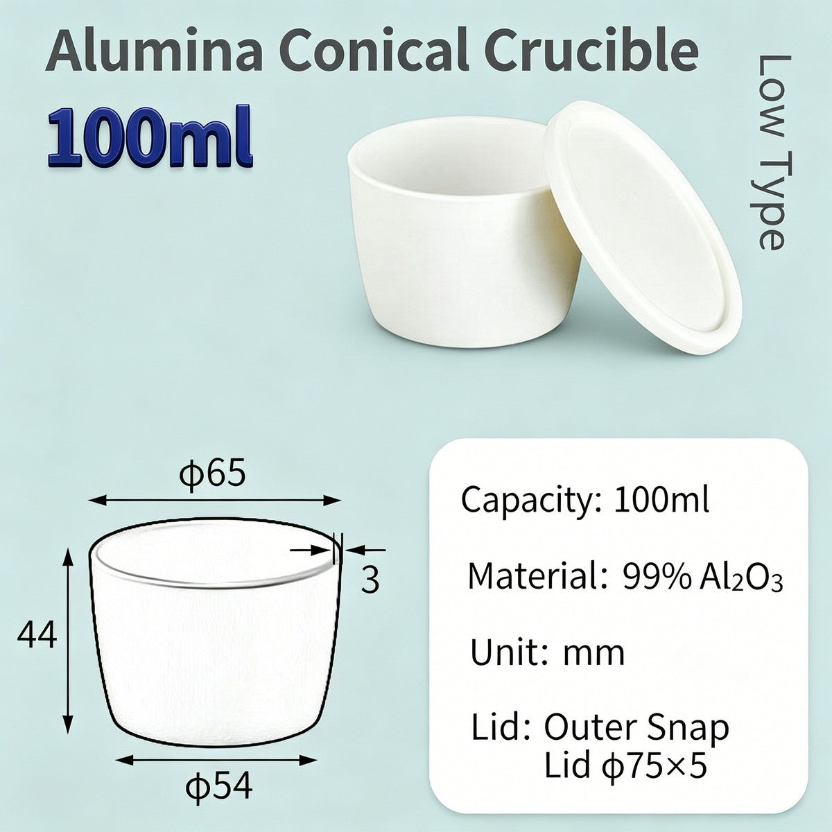 Alumina Conical Crucible – Lidded, 20–100mL, Regular, Short & High Purity