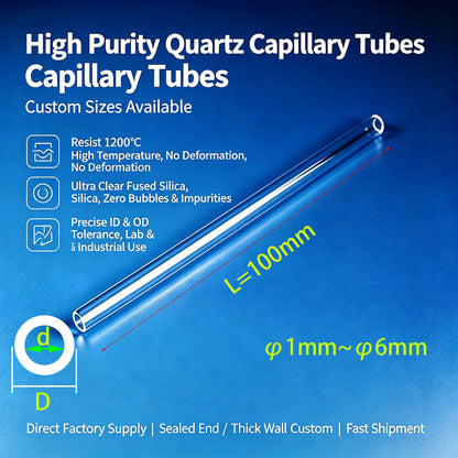 1-6mm OD Quartz Capillary Tube, 100mm Length - High Purity Fused Silica for Fiber Optics & Lab