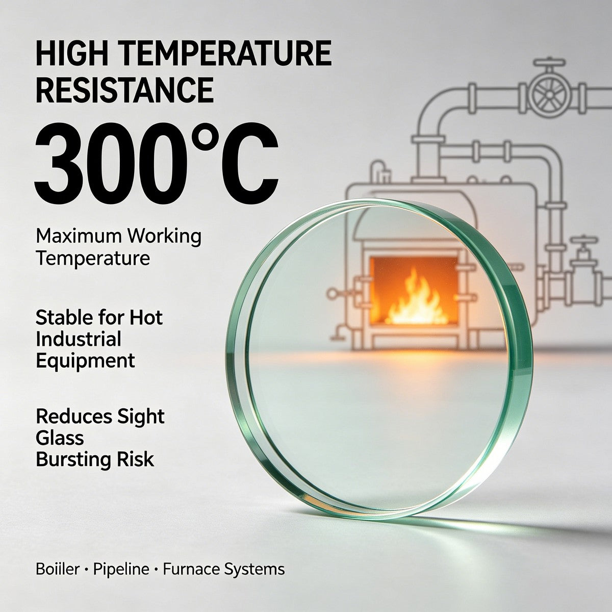 300°C max working temperature tempered sight glass, stable for hot boiler, pipeline and furnace equipment, reduce glass burst risk
