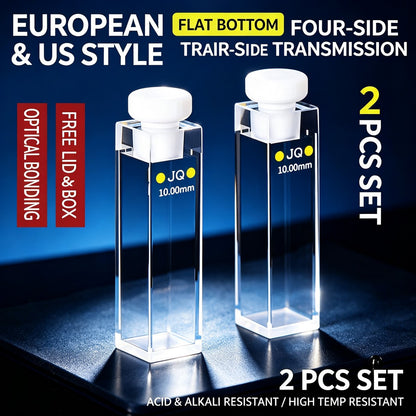 10mm 4-Window Quartz Cuvette Full Series, 2 Pcs Pack, Adhesive / Fusion / Optical Glue Bonding Sealed Export Grade Fluorescence Lab Cells