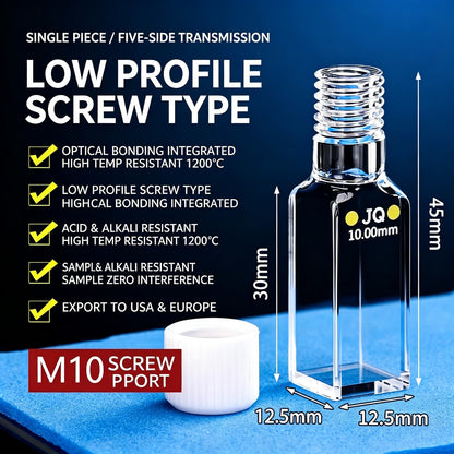10mm Threaded 4/5-Window Quartz Cuvette EU Export Grade, Fusion & Optical Glue Bonding, Round/Flat Bottom, 1/2 Pcs Pack Fluorescence Cell