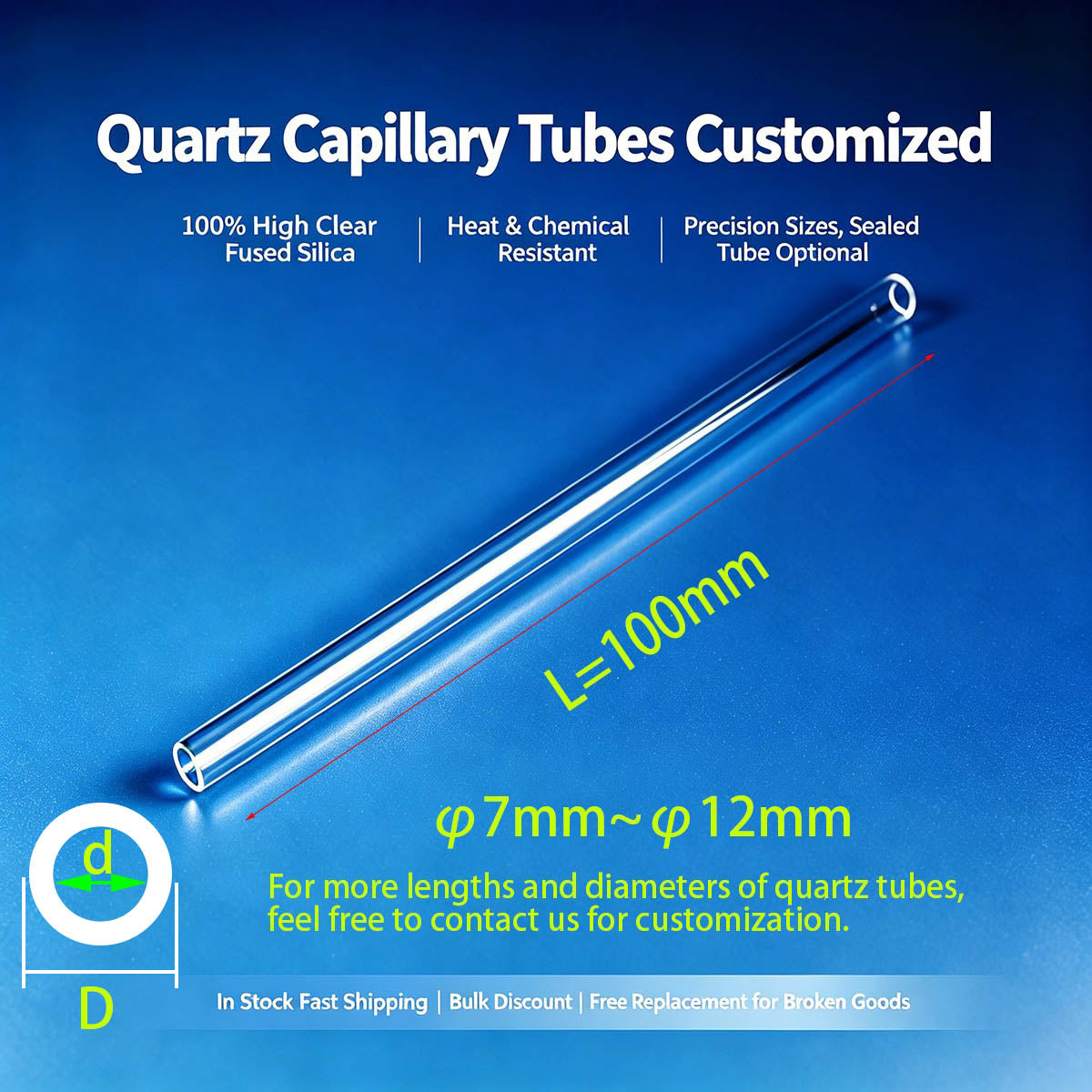 7-12mm OD Quartz Capillary Tube, 100mm Length - Thick-Wall Fused Silica for Industrial & Lab