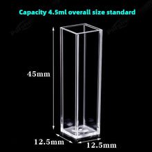 Laden Sie das Bild in den Galerie-Viewer, 10mm Path Length Plastic Fluorescence Cuvette - 4.5ml Capacity, Four-Sided Illumination