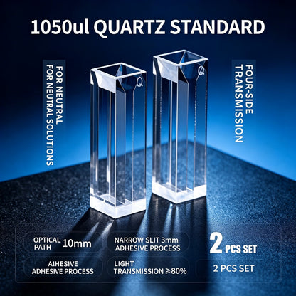 350ul–1750ul Micro Volume 4-Window Quartz Cuvette 2 Pcs Pack, Basic / Standard / Export Grade, Acid Alkali Resistant Optional Fluorescence Trace Cell