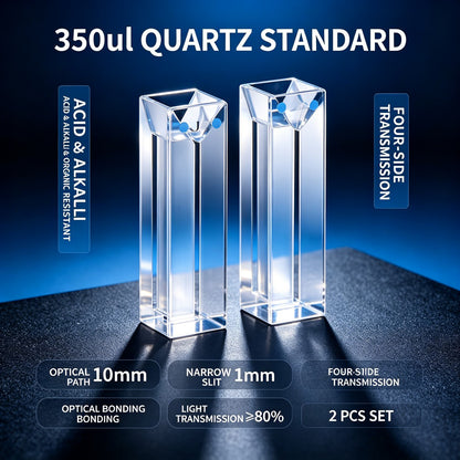 350ul–1750ul Micro Volume 4-Window Quartz Cuvette 2 Pcs Pack, Basic / Standard / Export Grade, Acid Alkali Resistant Optional Fluorescence Trace Cell