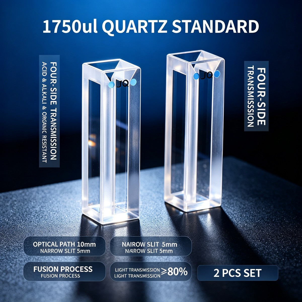 350ul–1750ul Micro Volume 4-Window Quartz Cuvette 2 Pcs Pack, Basic / Standard / Export Grade, Acid Alkali Resistant Optional Fluorescence Trace Cell