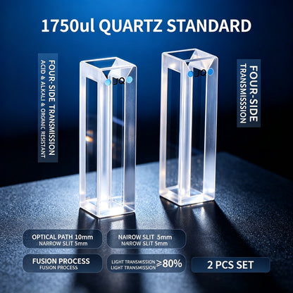 350ul–1750ul Micro Volume 4-Window Quartz Cuvette 2 Pcs Pack, Basic / Standard / Export Grade, Acid Alkali Resistant Optional Fluorescence Trace Cell