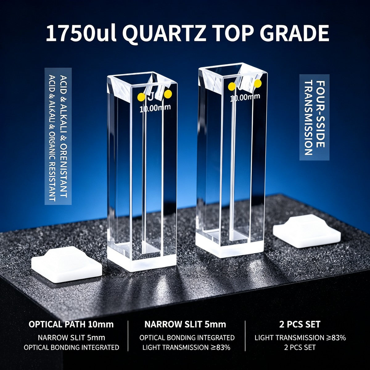 350ul–1750ul Micro Volume 4-Window Quartz Cuvette 2 Pcs Pack, Basic / Standard / Export Grade, Acid Alkali Resistant Optional Fluorescence Trace Cell