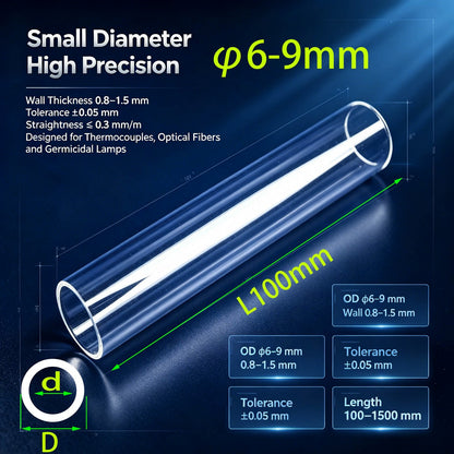 Quartz Tube OD 6–9mm | Small Bore Precision Fused Silica Tubing ±0.05mm Tolerance for Thermocouple UV Fiber Optic