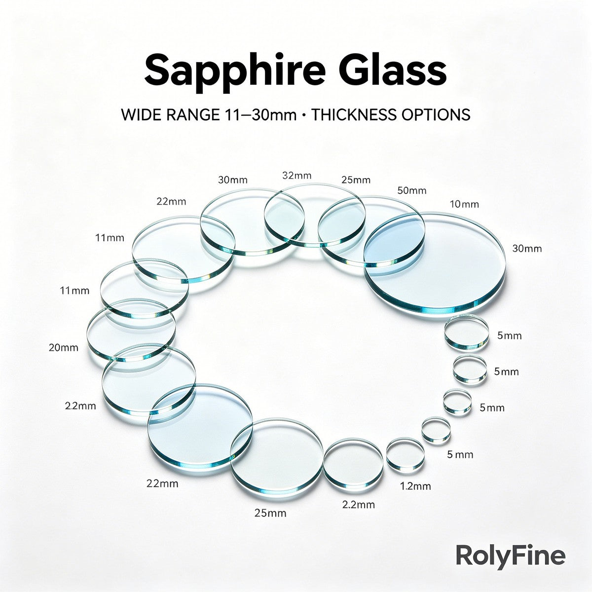 RolyFine Sapphire Glass various sizes 11mm to 30mm thickness options sapphire optical window disc bulk supply for diverse industrial needs