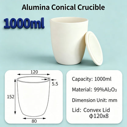 Alumina Conical Crucible – Lidded, 1000–3500mL, Extra-Large with Flat or Snap Lid