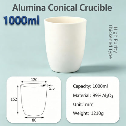 Alumina Conical Crucible – Lidless, 150–3500mL, Large Capacity