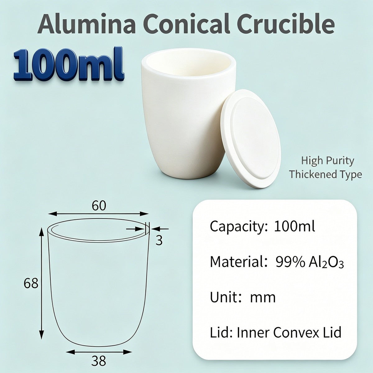 Alumina Conical Crucible – Lidded, 20–100mL, Regular, Short & High Purity