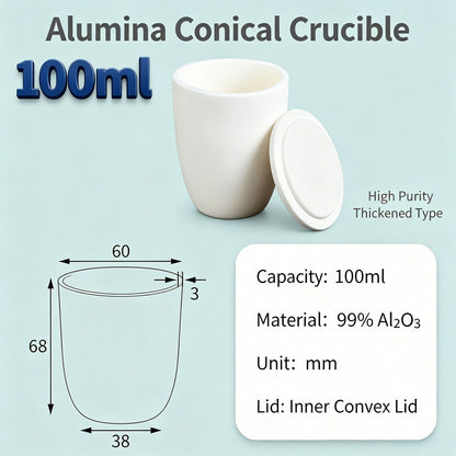 Alumina Conical Crucible – Lidded, 20–100mL, Regular, Short & High Purity