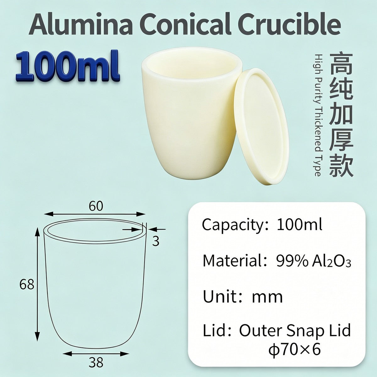 Alumina Conical Crucible – Lidded, 20–100mL, Regular, Short & High Purity
