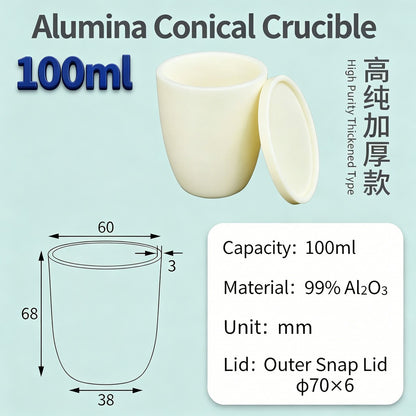 Alumina Conical Crucible – Lidded, 20–100mL, Regular, Short & High Purity