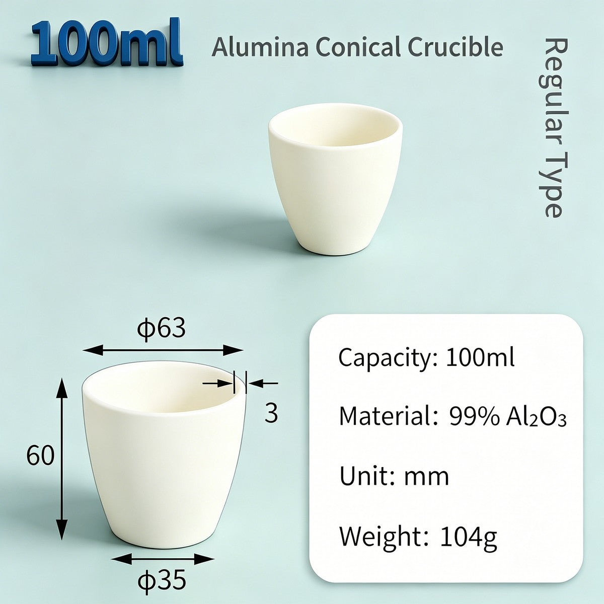 Alumina Conical Crucible – Lidless, 3–100mL, 99% High Purity