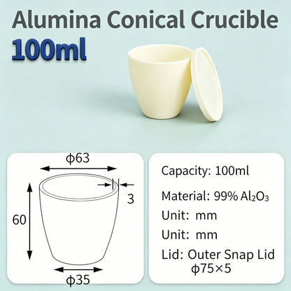 Alumina Conical Crucible – Lidded, 20–100mL, Regular, Short & High Purity