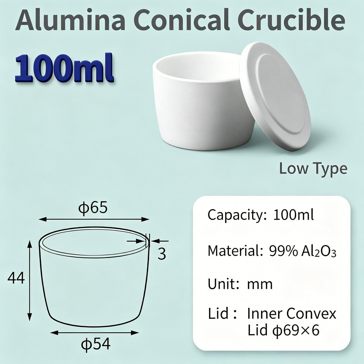Alumina Conical Crucible – Lidded, 20–100mL, Regular, Short & High Purity