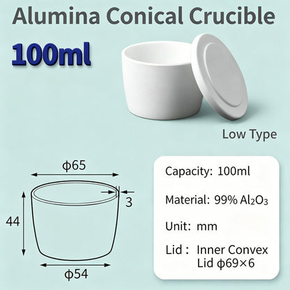 Alumina Conical Crucible – Lidded, 20–100mL, Regular, Short & High Purity