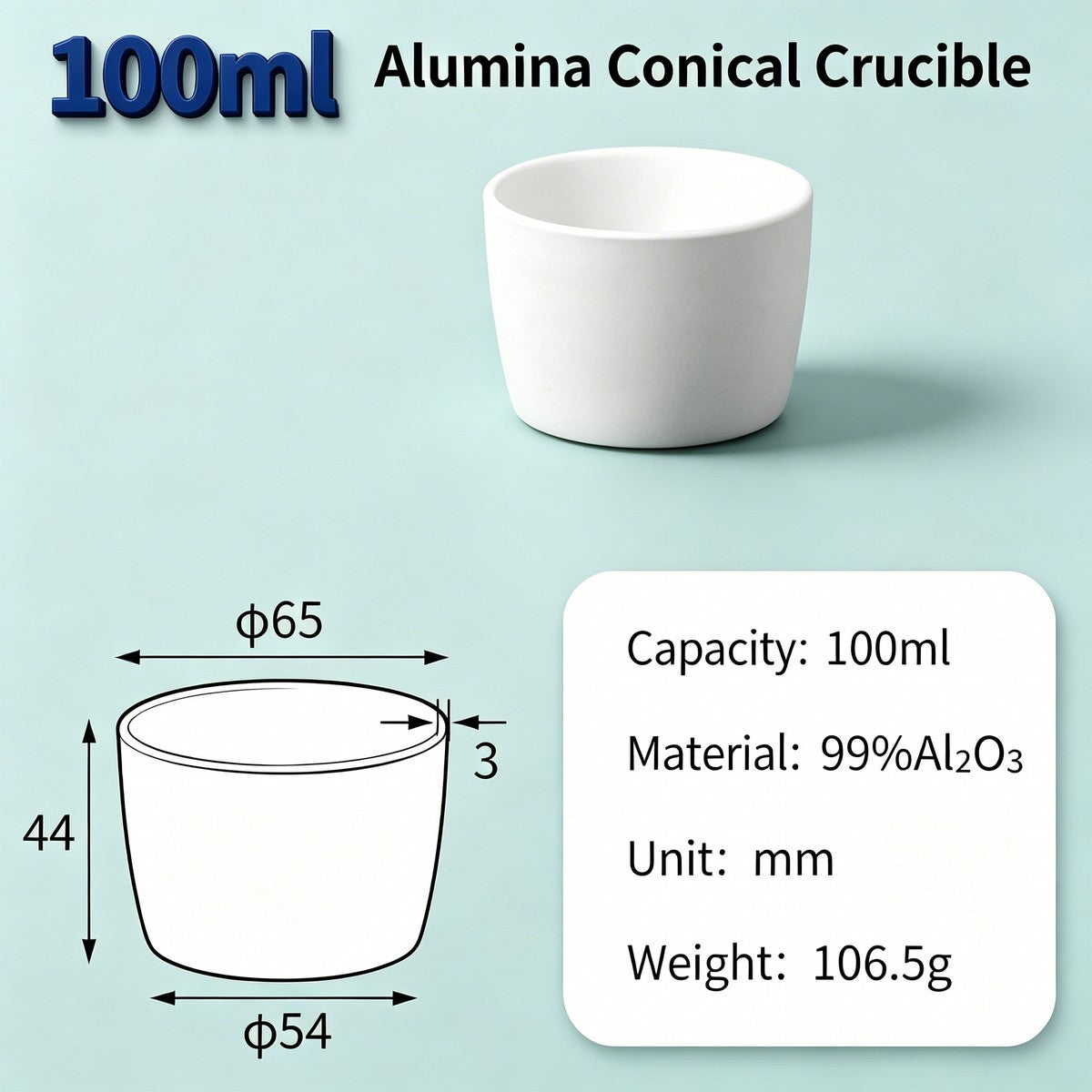 Alumina Conical Crucible – Lidless, 3–100mL, 99% High Purity