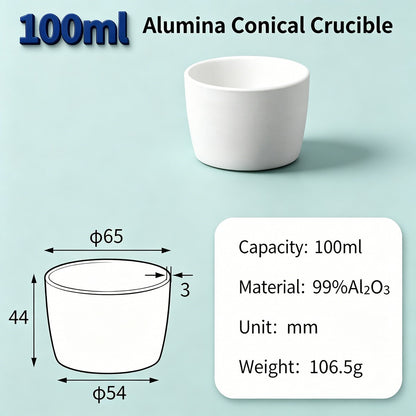 Alumina Conical Crucible – Lidless, 3–100mL, 99% High Purity