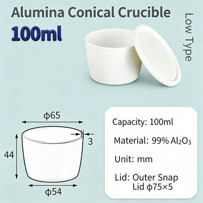 Alumina Conical Crucible – Lidded, 20–100mL, Regular, Short & High Purity