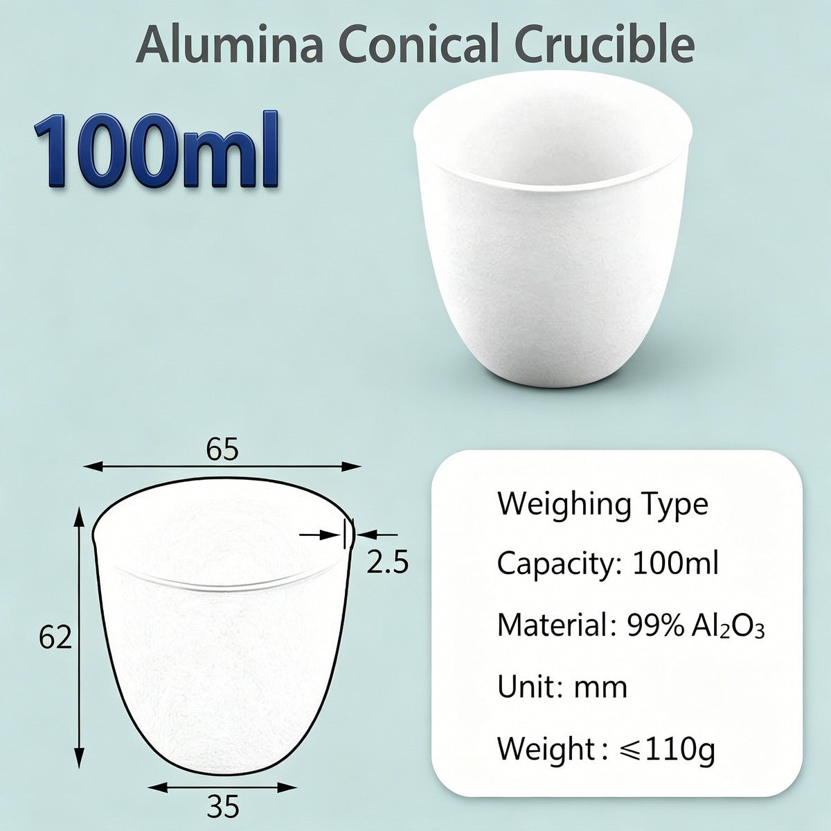 Alumina Conical Crucible – Lidless, 3–100mL, 99% High Purity