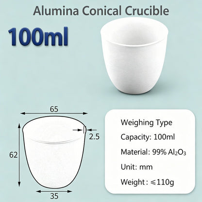 Alumina Conical Crucible – Lidless, 3–100mL, 99% High Purity