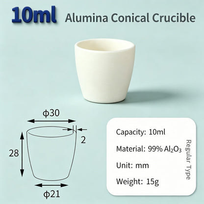 Alumina Conical Crucible – Lidless, 3–100mL, 99% High Purity