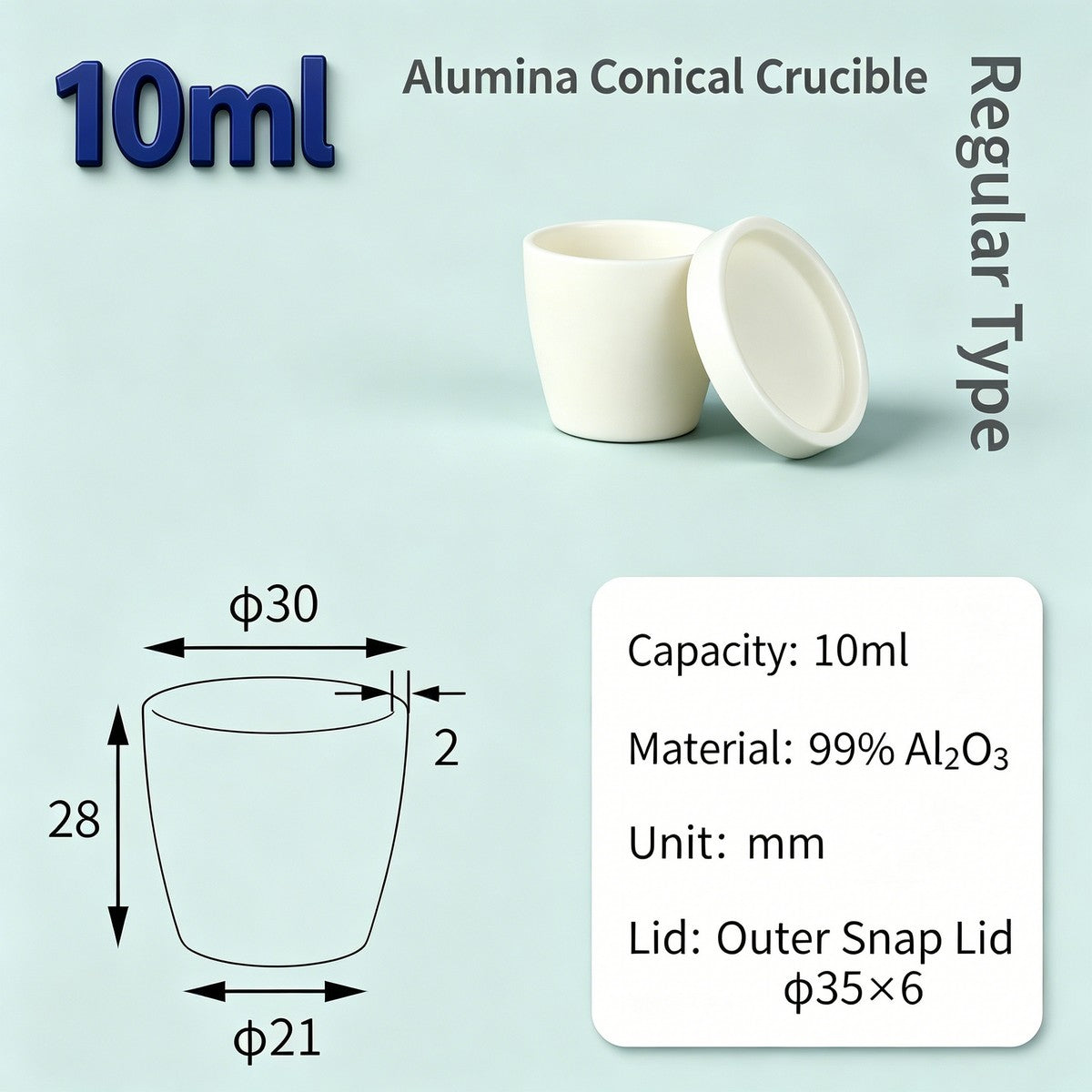 Alumina Conical Crucible – Lidded, 3–15mL, with Inner Convex or Outer Snap Lid