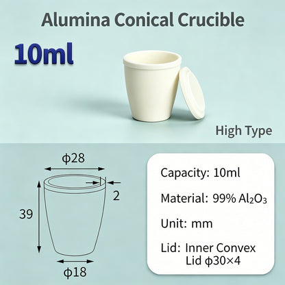 Alumina Conical Crucible – Lidded, 3–15mL, with Inner Convex or Outer Snap Lid
