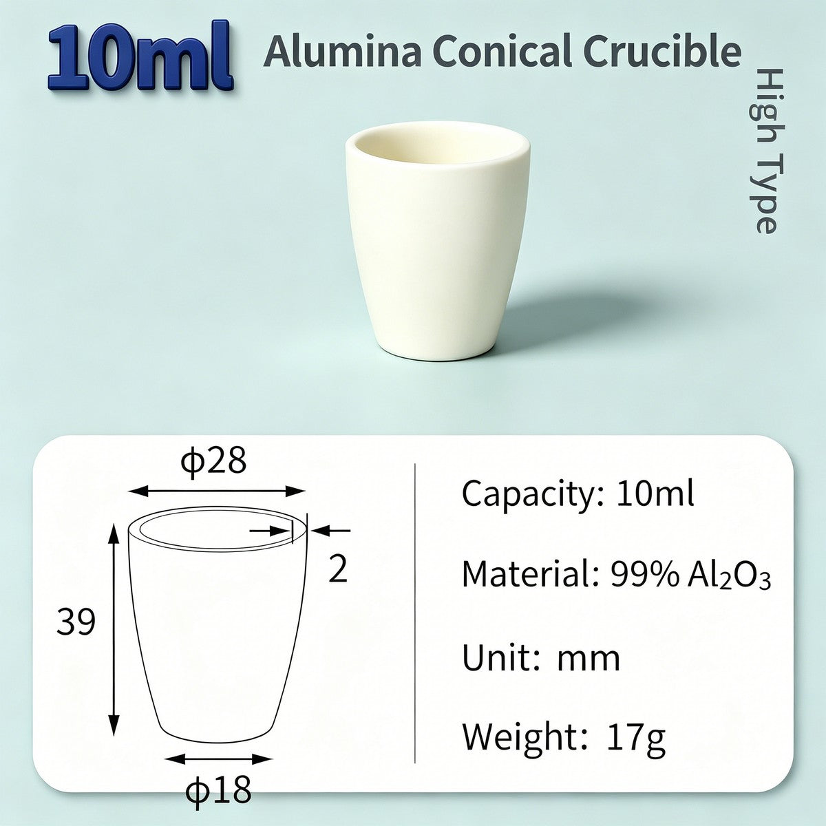 Alumina Conical Crucible – Lidless, 3–100mL, 99% High Purity