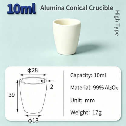 Alumina Conical Crucible – Lidless, 3–100mL, 99% High Purity