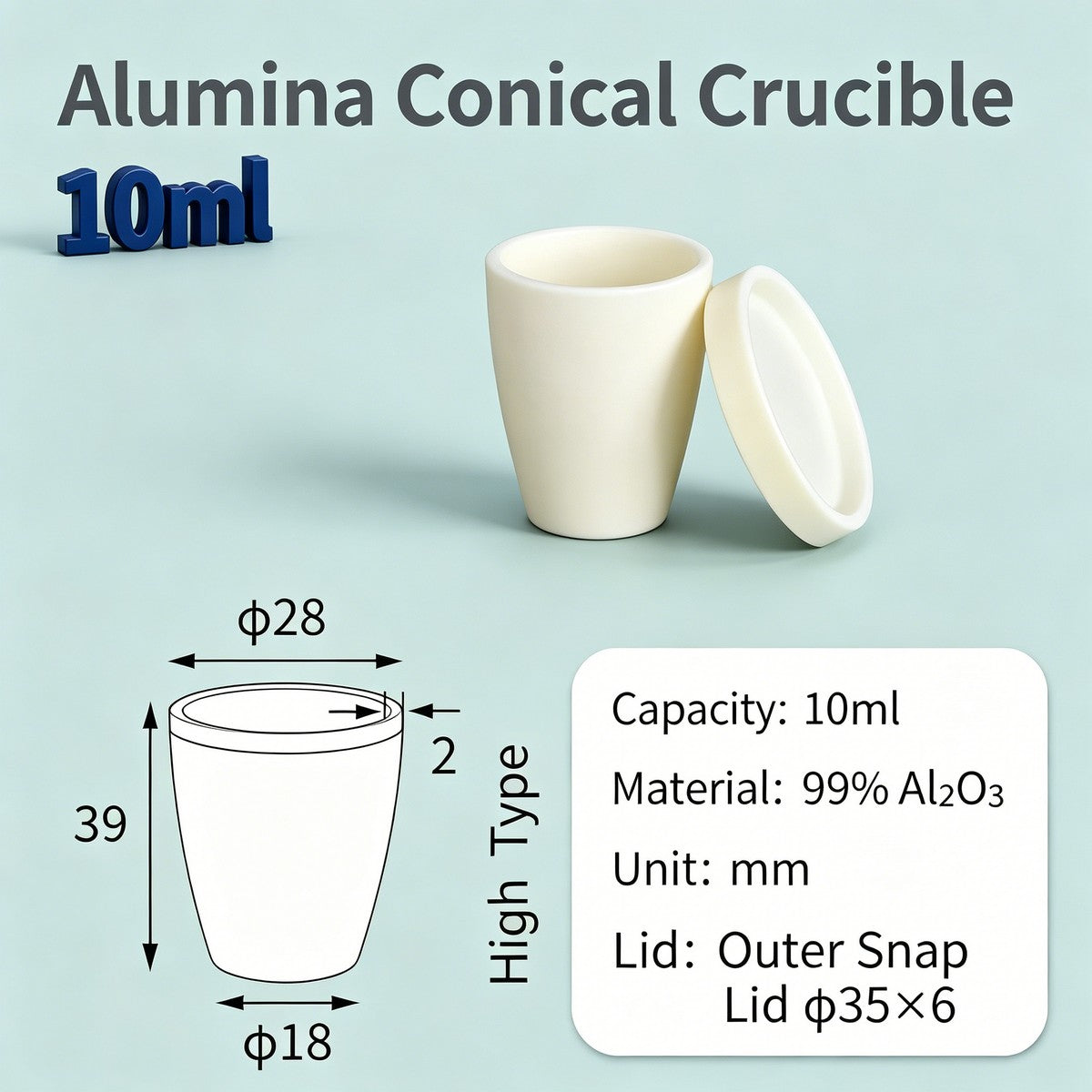 Alumina Conical Crucible – Lidded, 3–15mL, with Inner Convex or Outer Snap Lid