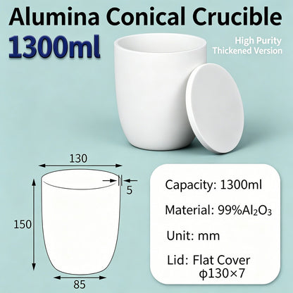 Alumina Conical Crucible – Lidded, 1000–3500mL, Extra-Large with Flat or Snap Lid