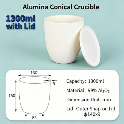 Alumina Conical Crucible – Lidded, 1000–3500mL, Extra-Large with Flat or Snap Lid