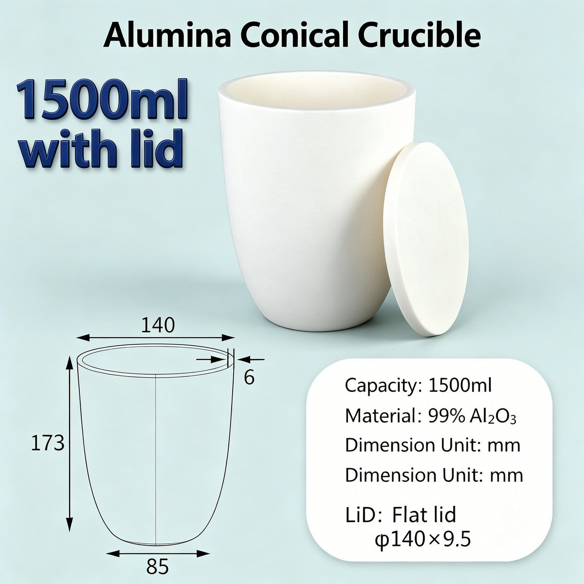 Alumina Conical Crucible – Lidded, 1000–3500mL, Extra-Large with Flat or Snap Lid