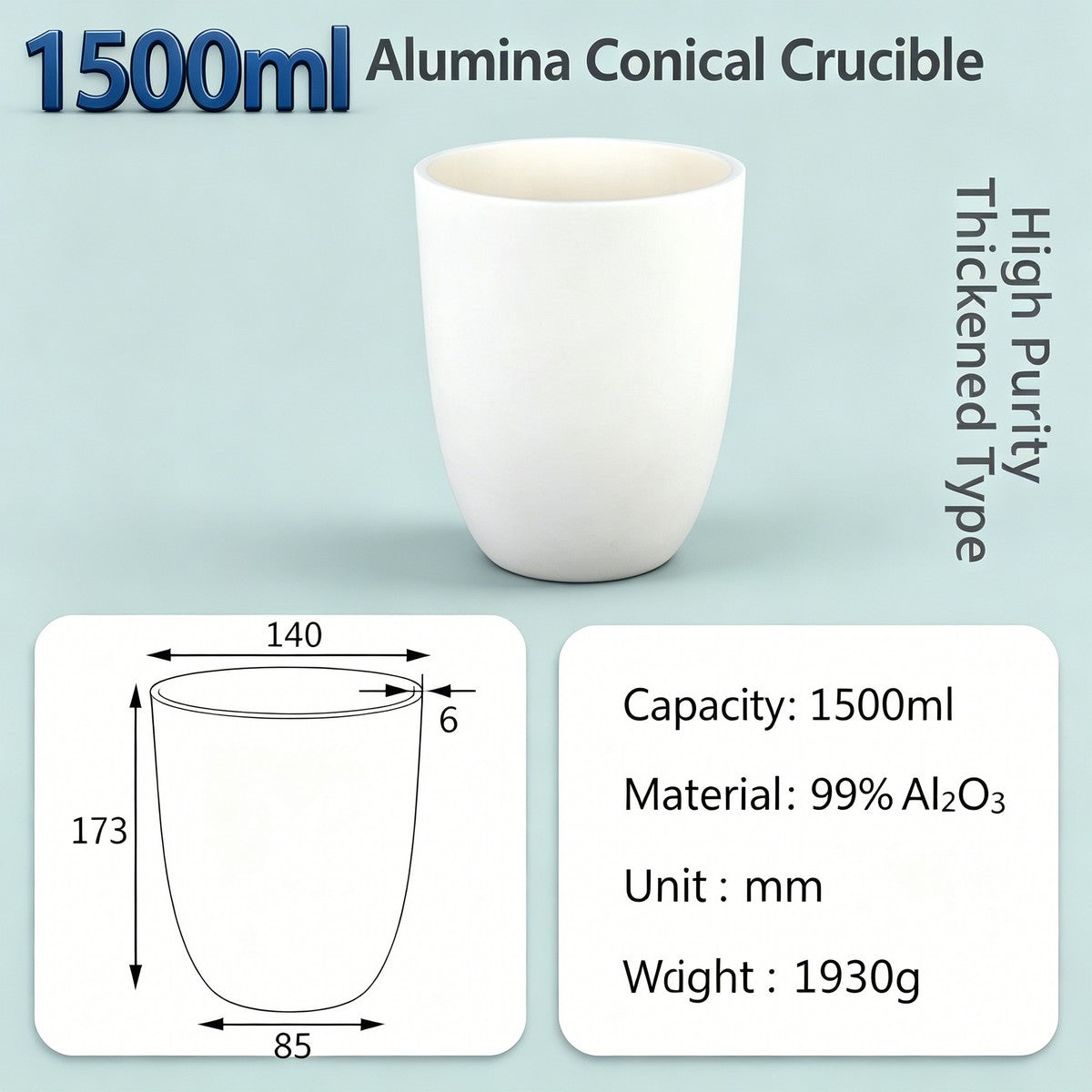 Alumina Conical Crucible – Lidless, 150–3500mL, Large Capacity