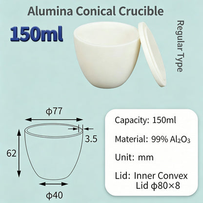 Alumina Conical Crucible – Lidded, 150–750mL, High Purity for Bulk Processing