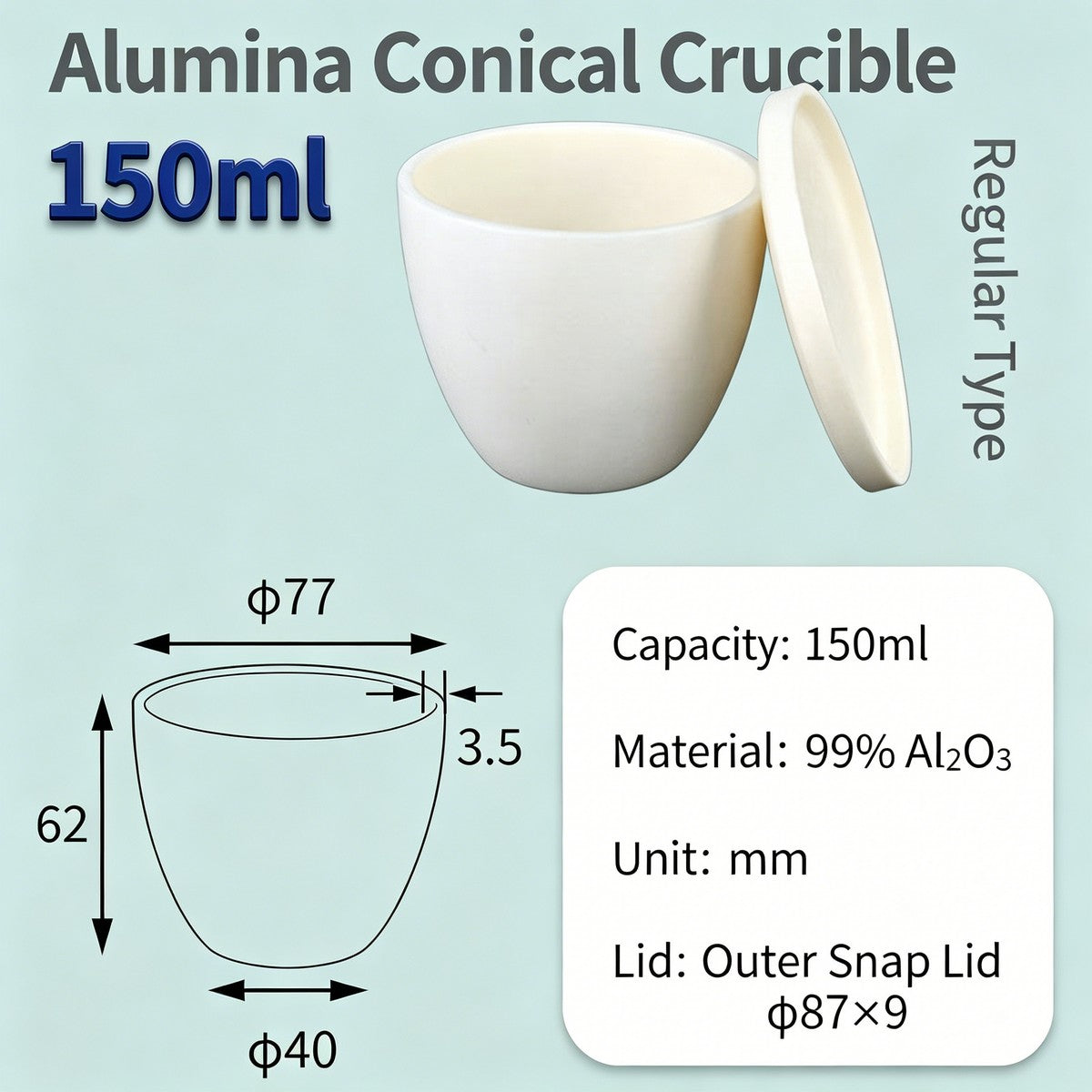 Alumina Conical Crucible – Lidded, 150–750mL, High Purity for Bulk Processing