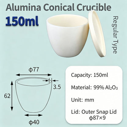 Alumina Conical Crucible – Lidded, 150–750mL, High Purity for Bulk Processing