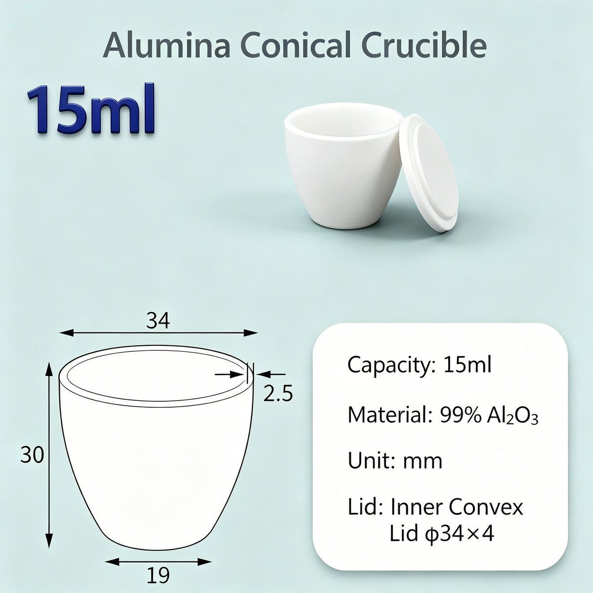 Alumina Conical Crucible – Lidded, 3–15mL, with Inner Convex or Outer Snap Lid