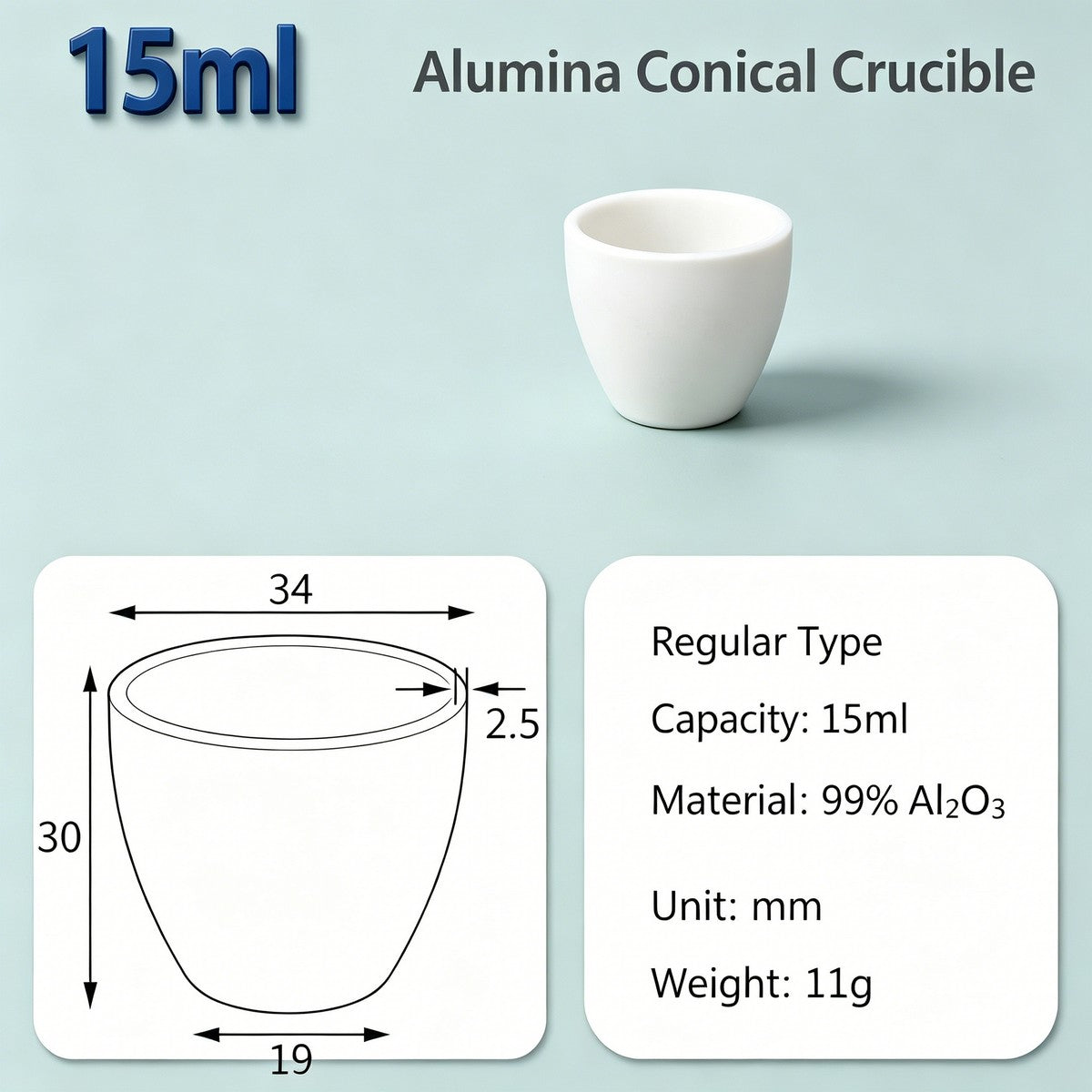 Alumina Conical Crucible – Lidless, 3–100mL, 99% High Purity