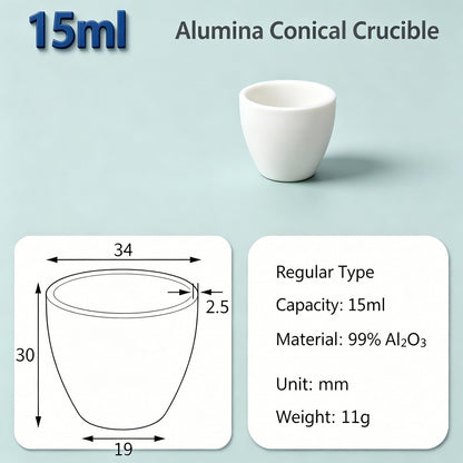 Alumina Conical Crucible – Lidless, 3–100mL, 99% High Purity