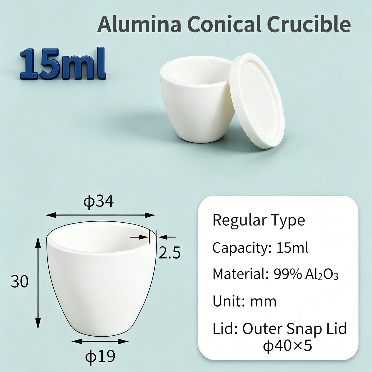 Alumina Conical Crucible – Lidded, 3–15mL, with Inner Convex or Outer Snap Lid
