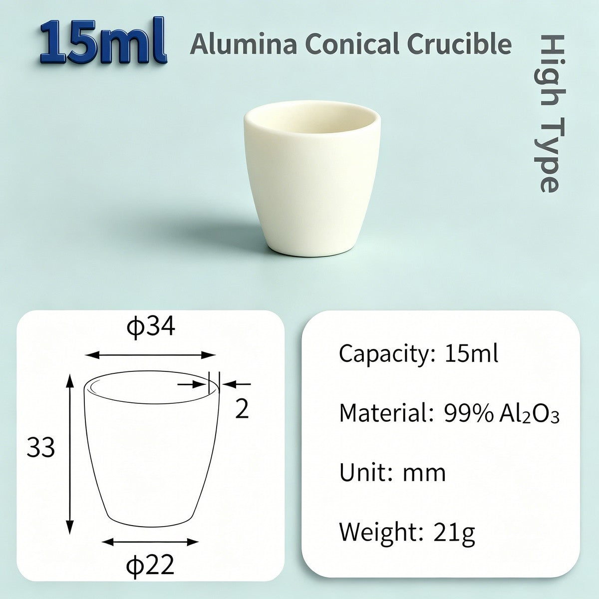 Alumina Conical Crucible – Lidless, 3–100mL, 99% High Purity