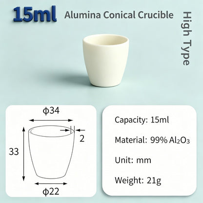 Alumina Conical Crucible – Lidless, 3–100mL, 99% High Purity