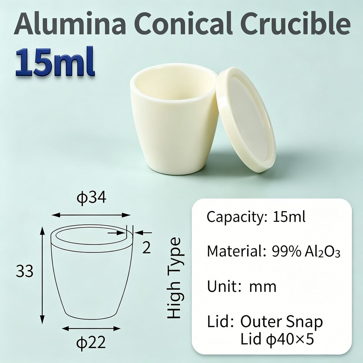 Alumina Conical Crucible – Lidded, 3–15mL, with Inner Convex or Outer Snap Lid