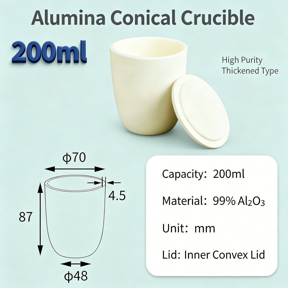 Alumina Conical Crucible – Lidded, 150–750mL, High Purity for Bulk Processing